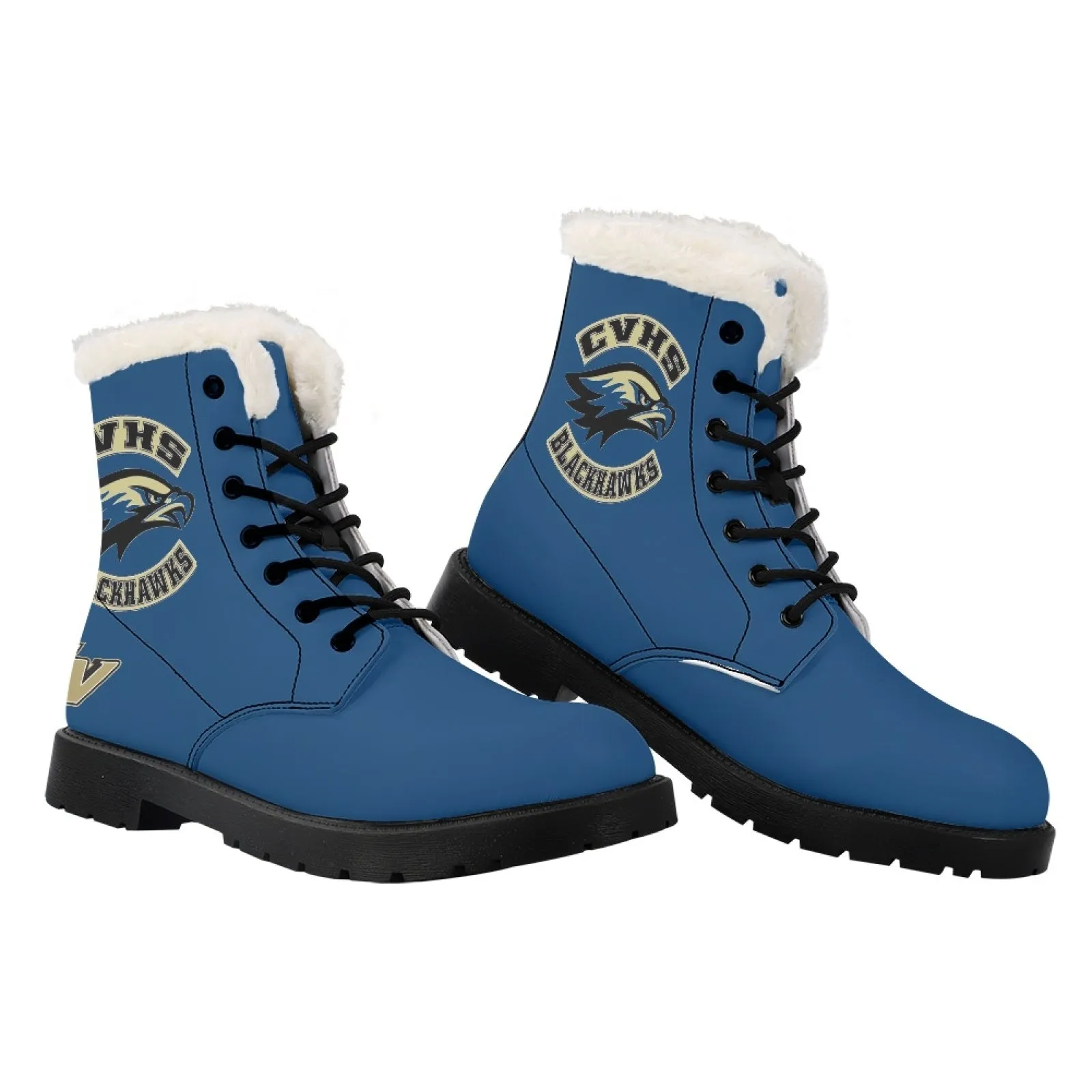 CVHS Seniors Rocker & CV Logo Women's Fur Top Combat Style Boots Blackhawk Gold LA Blue Black White