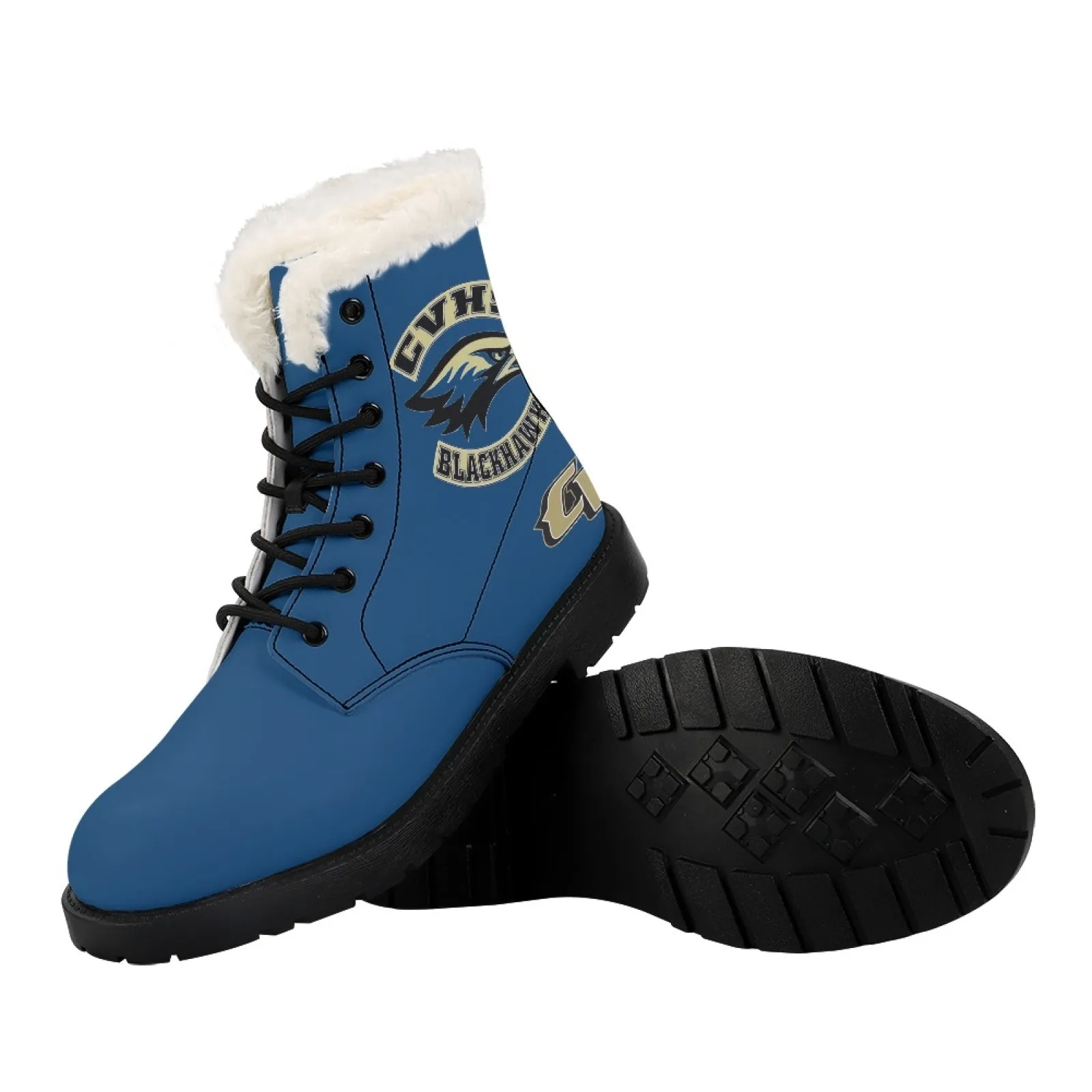 CVHS Seniors Rocker & CV Logo Women's Fur Top Combat Style Boots Blackhawk Gold LA Blue Black White
