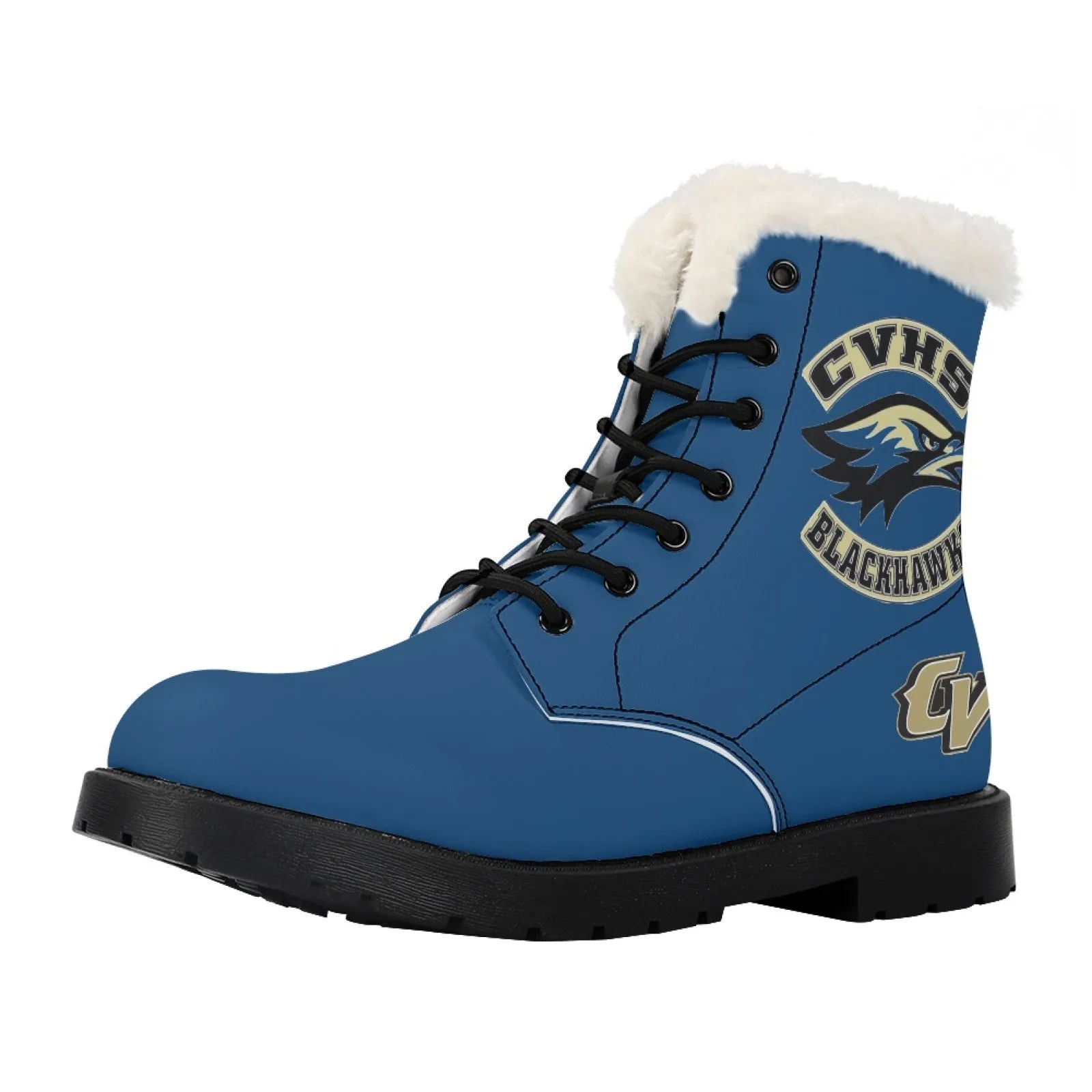 CVHS Seniors Rocker & CV Logo Women's Fur Top Combat Style Boots Blackhawk Gold LA Blue Black White