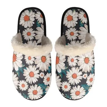 Daisy Print on Demand Artwork Women's Fur Lined House Slippers