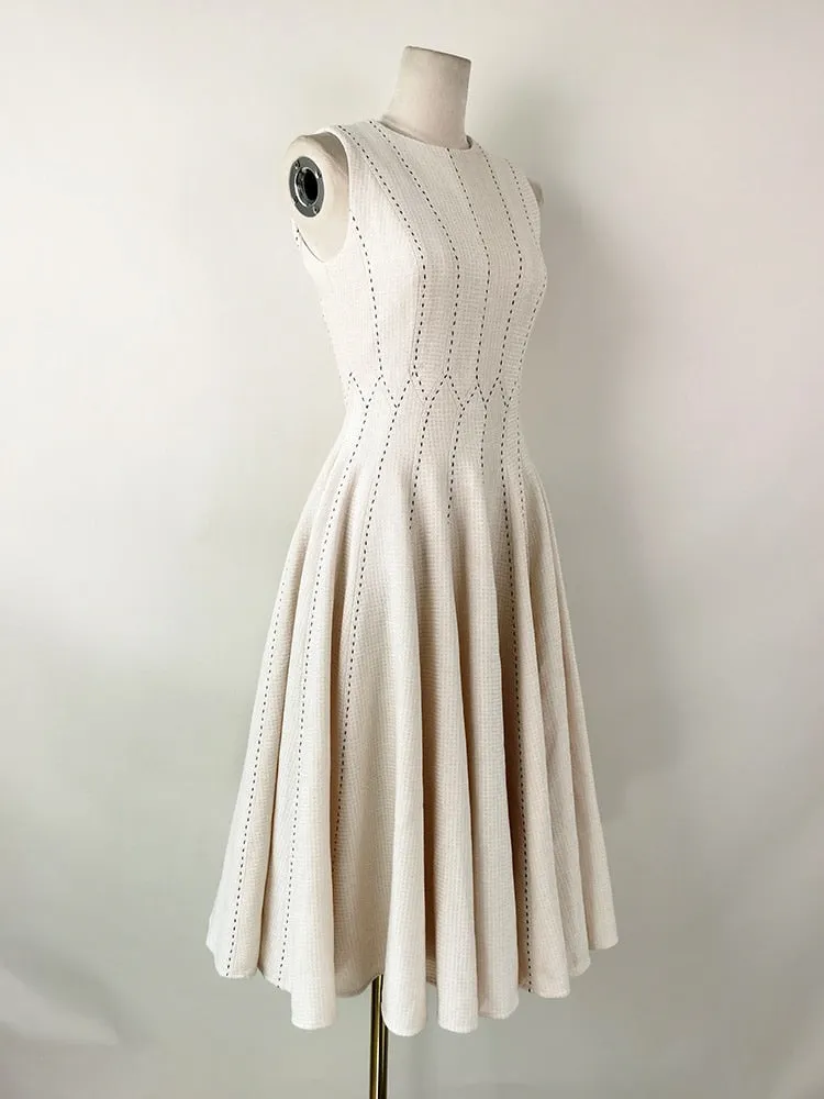 Elegant Slim Fit O-neck Topstitch Striped Sleeveless Woolen Vests Dress