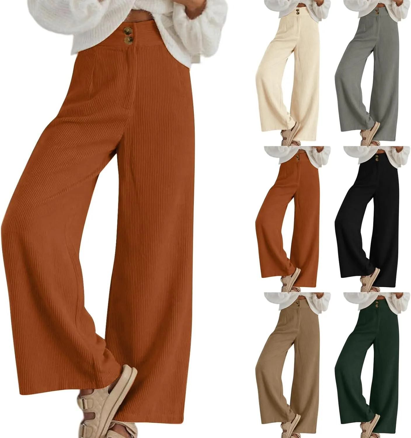 Gumipy Women Corduroy Pants High Waisted Wide Leg Pants Comfy Lounge Pants with Pockets Fall Stretchy Straight Leg Trousers