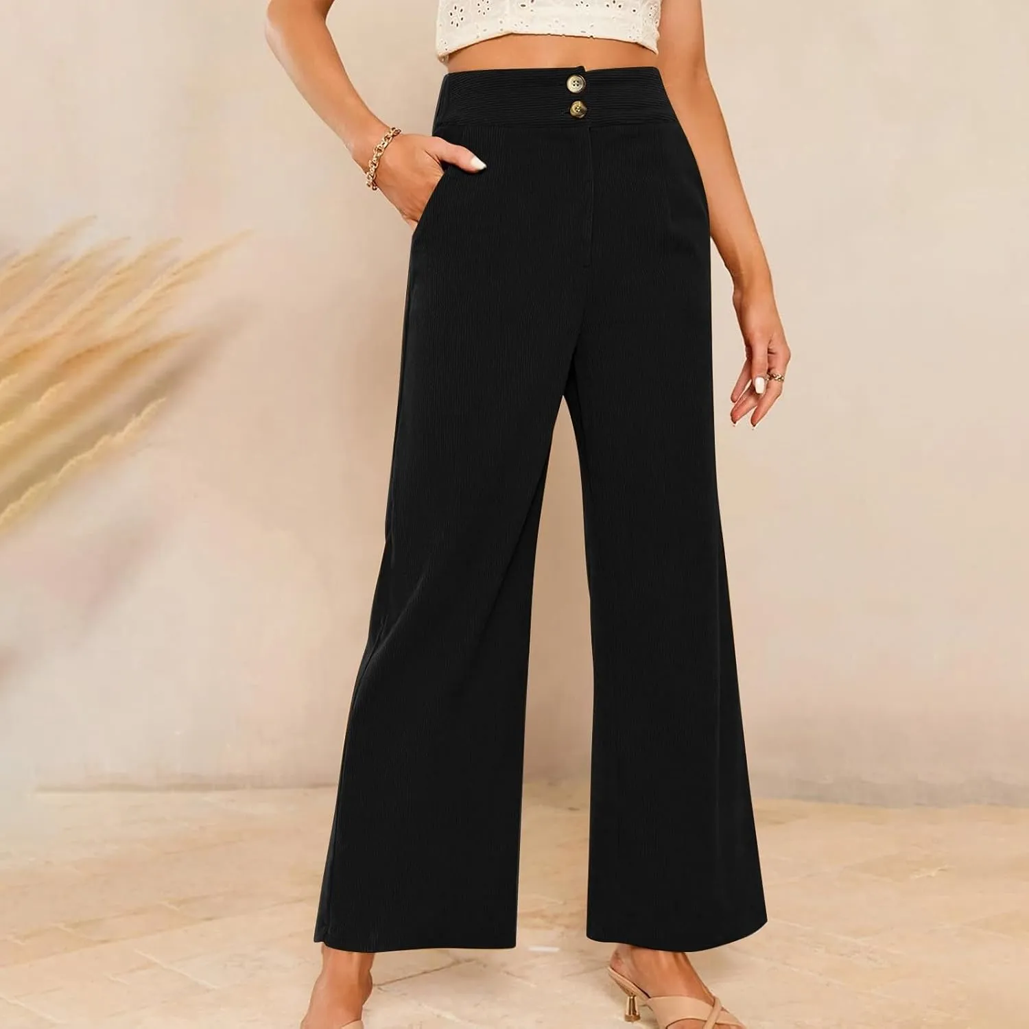 Gumipy Women Corduroy Pants High Waisted Wide Leg Pants Comfy Lounge Pants with Pockets Fall Stretchy Straight Leg Trousers