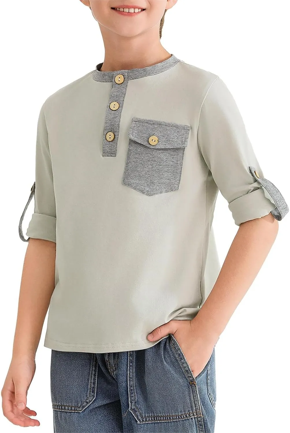 Haloumoning Boys Long Sleeve Shirts Kids Casual Henley Collared T-Shirts Tops Tees 4-14 Years