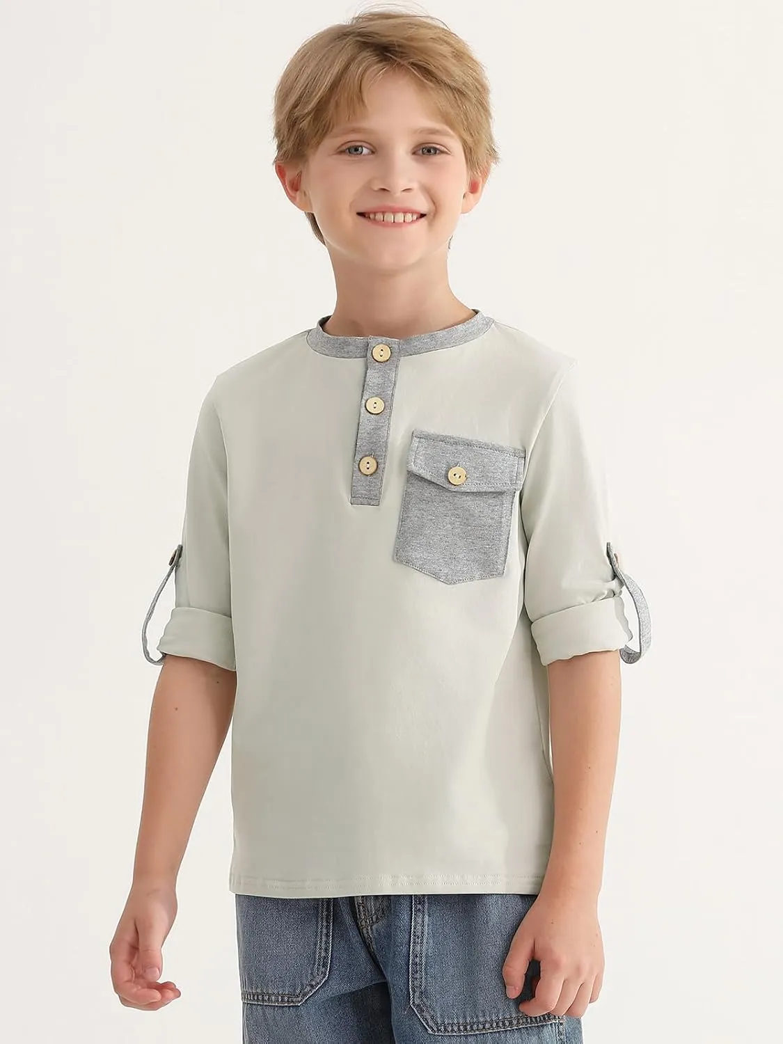 Haloumoning Boys Long Sleeve Shirts Kids Casual Henley Collared T-Shirts Tops Tees 4-14 Years