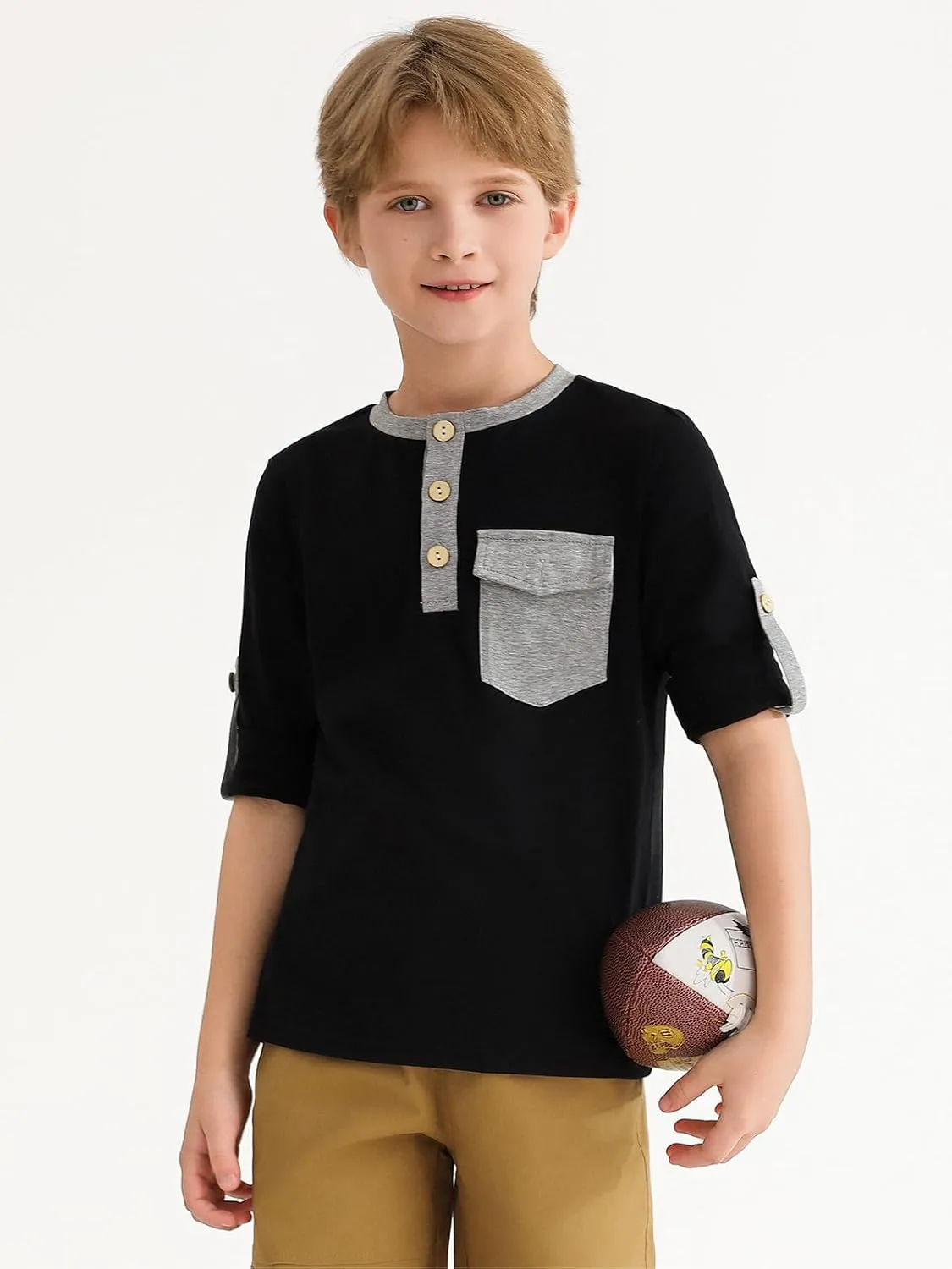 Haloumoning Boys Long Sleeve Shirts Kids Casual Henley Collared T-Shirts Tops Tees 4-14 Years