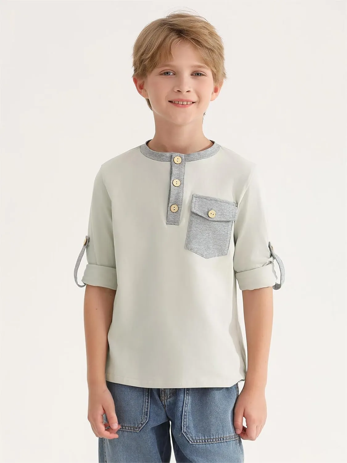 Haloumoning Boys Long Sleeve Shirts Kids Casual Henley Collared T-Shirts Tops Tees 4-14 Years