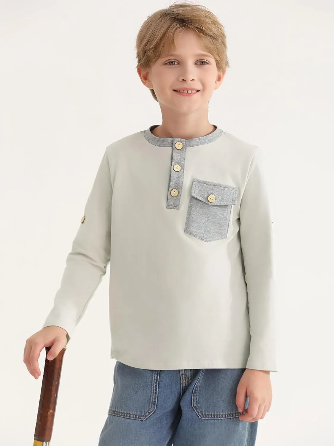 Haloumoning Boys Long Sleeve Shirts Kids Casual Henley Collared T-Shirts Tops Tees 4-14 Years