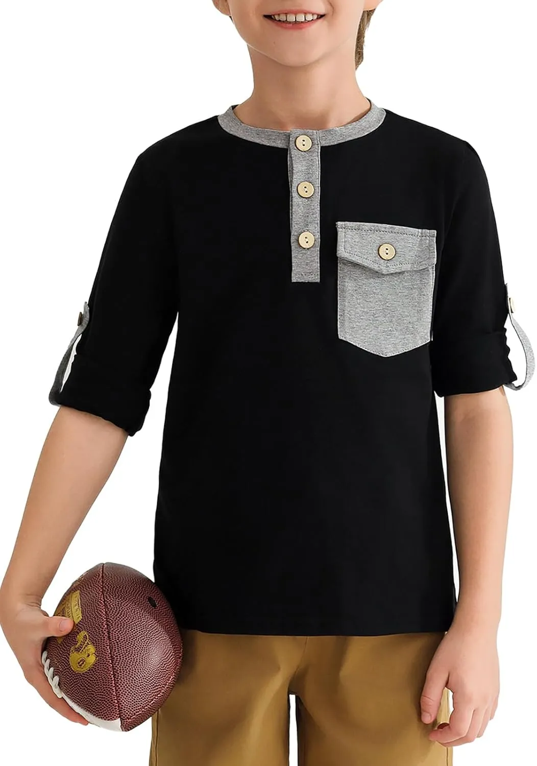 Haloumoning Boys Long Sleeve Shirts Kids Casual Henley Collared T-Shirts Tops Tees 4-14 Years