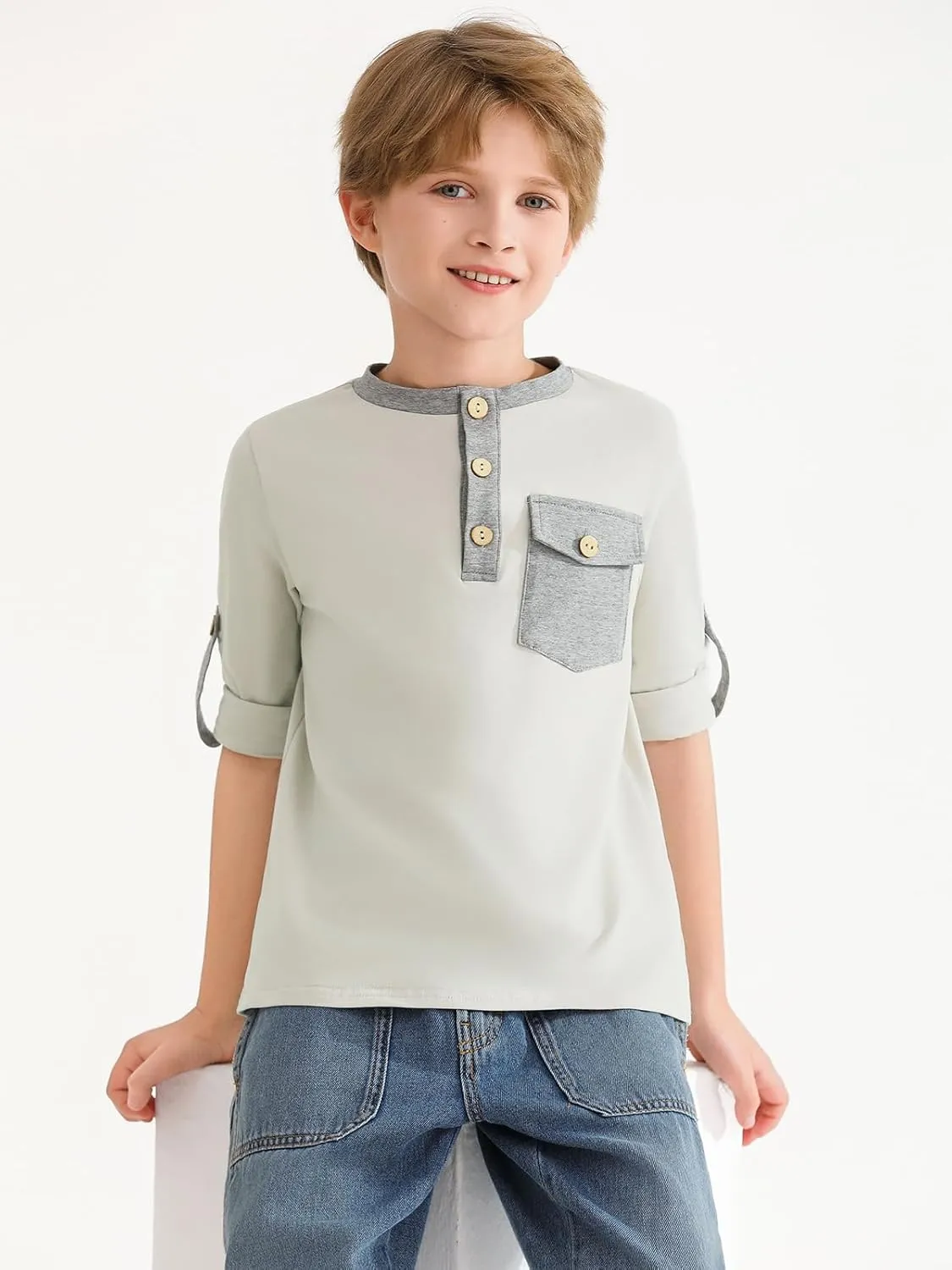 Haloumoning Boys Long Sleeve Shirts Kids Casual Henley Collared T-Shirts Tops Tees 4-14 Years