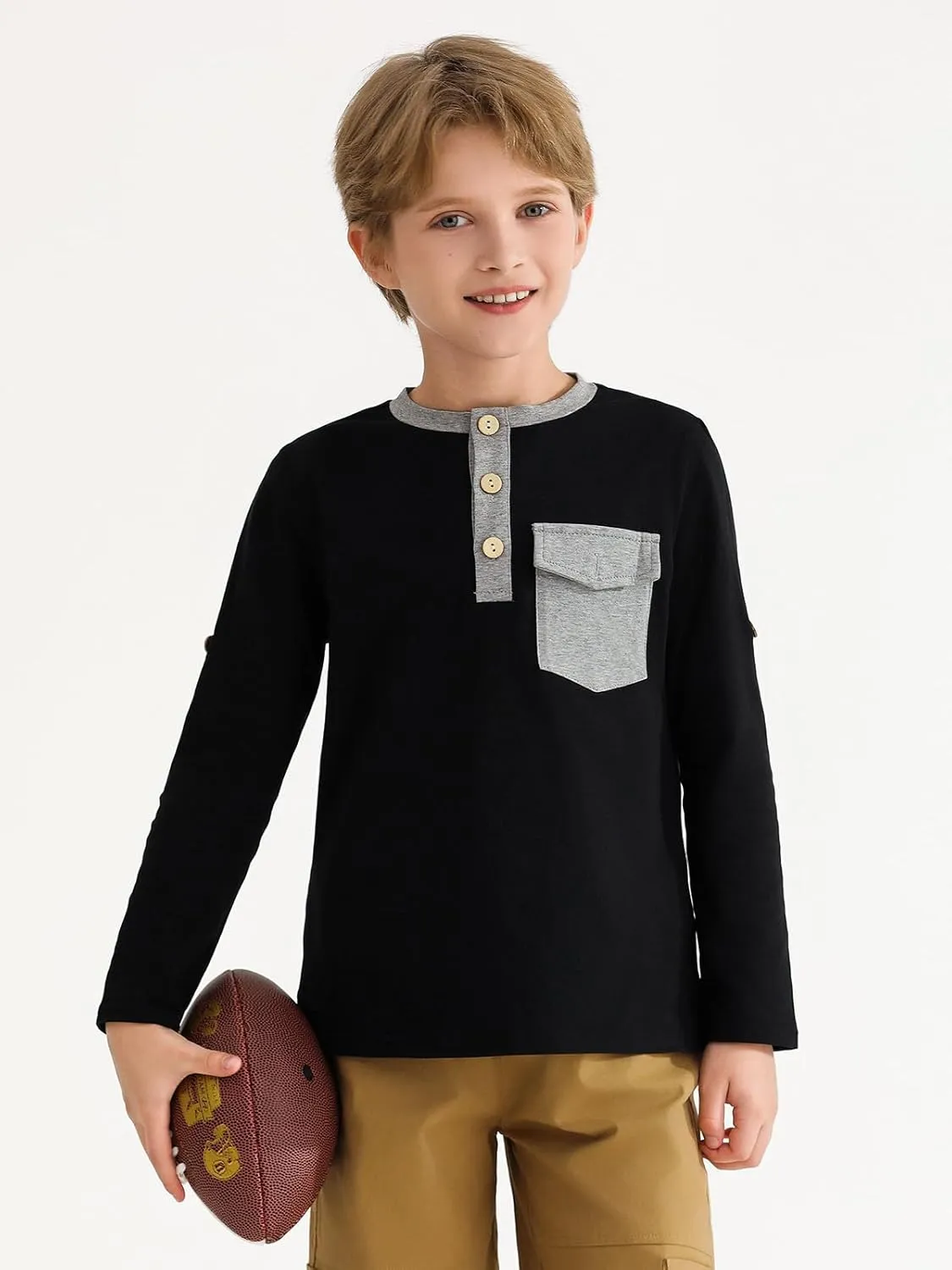 Haloumoning Boys Long Sleeve Shirts Kids Casual Henley Collared T-Shirts Tops Tees 4-14 Years
