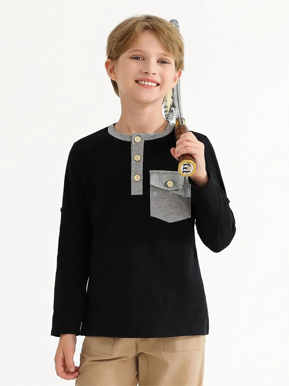 Haloumoning Boys Long Sleeve Shirts Kids Casual Henley Collared T-Shirts Tops Tees 4-14 Years
