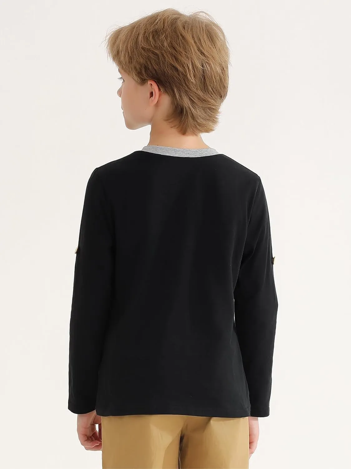 Haloumoning Boys Long Sleeve Shirts Kids Casual Henley Collared T-Shirts Tops Tees 4-14 Years