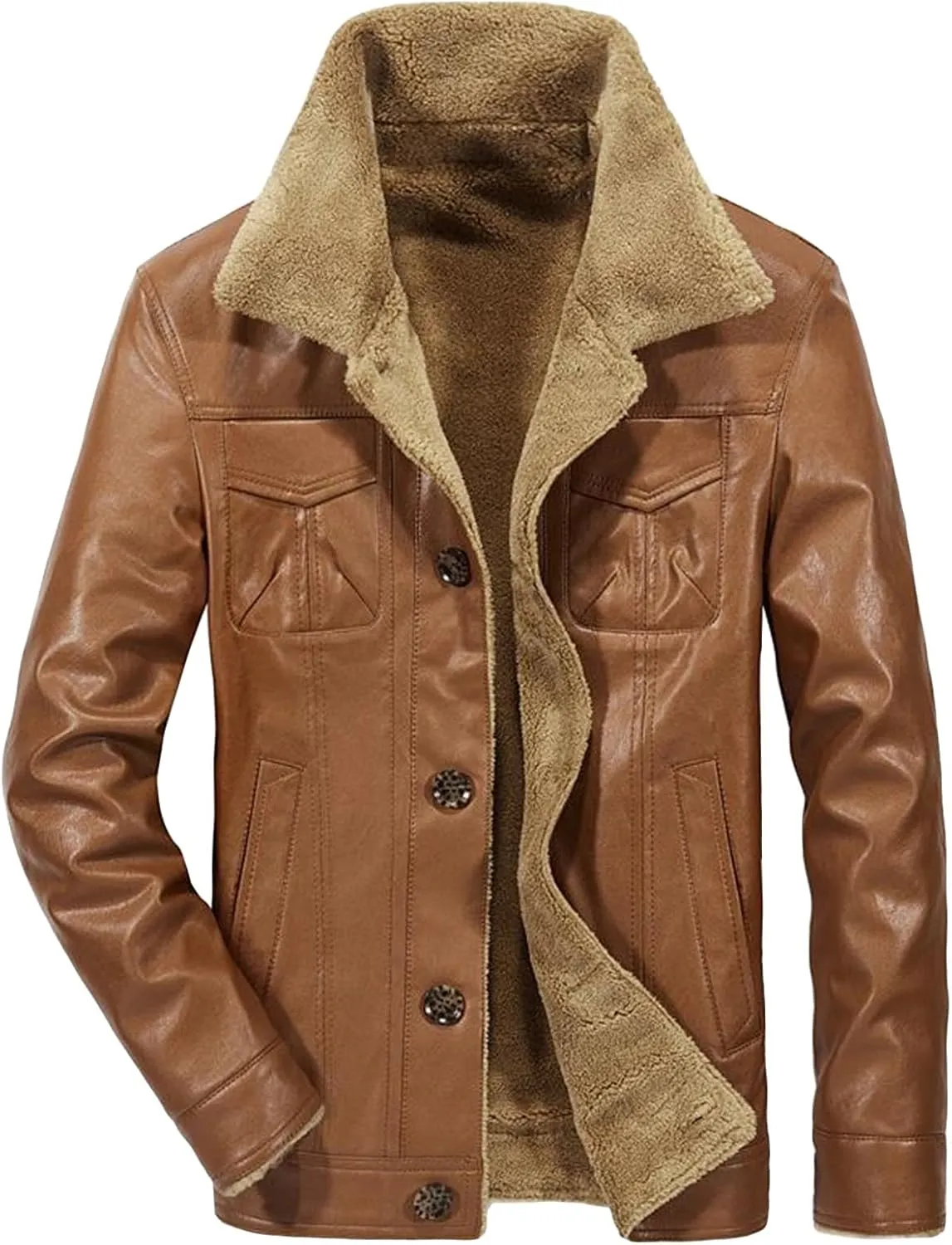 JEsilunmaMY Men's Single-Breasted Leather Sherpa Coat Fleece Lined Lapel Winter Biker Coat Warm Thicken Parka Bomber Jacket