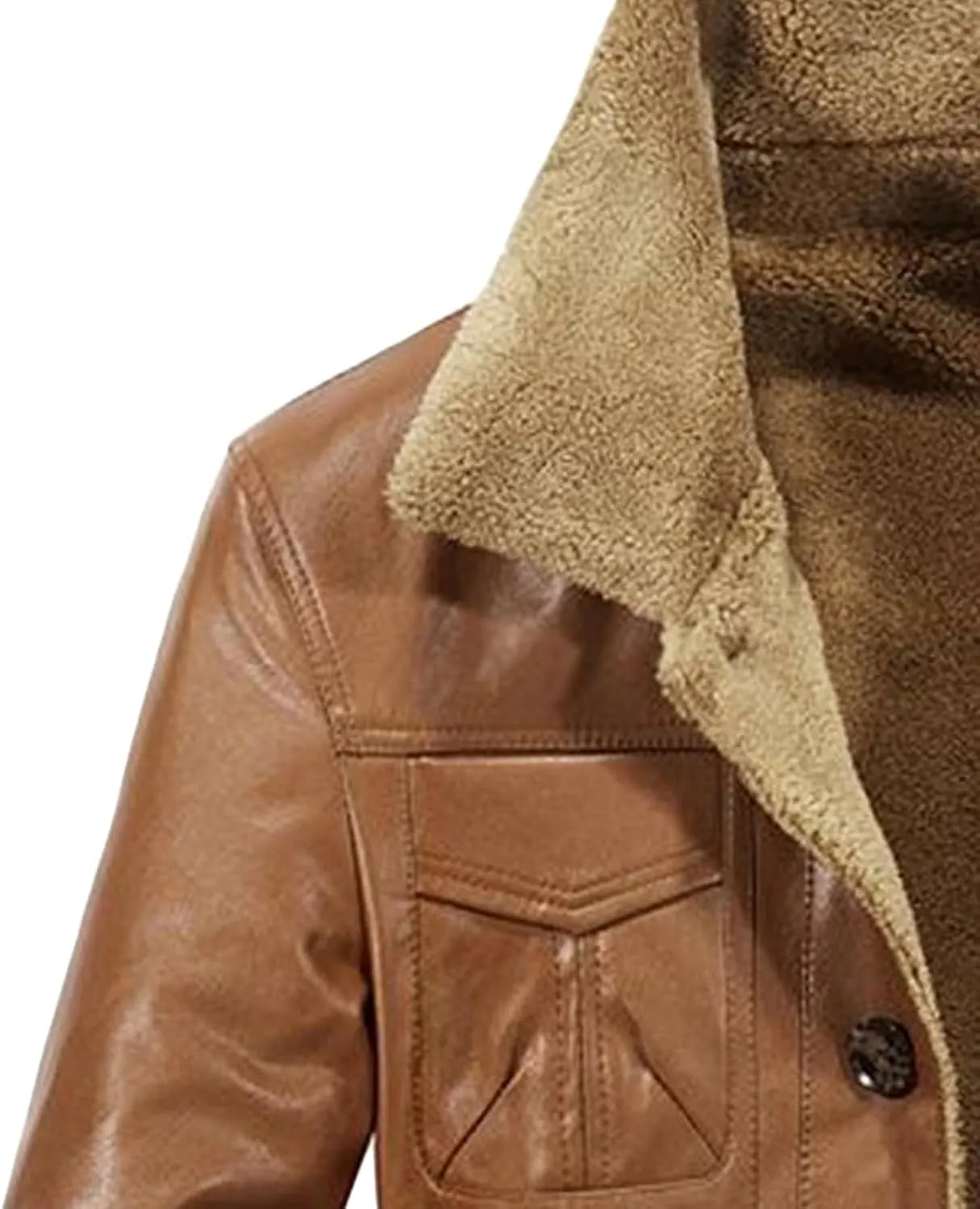 JEsilunmaMY Men's Single-Breasted Leather Sherpa Coat Fleece Lined Lapel Winter Biker Coat Warm Thicken Parka Bomber Jacket