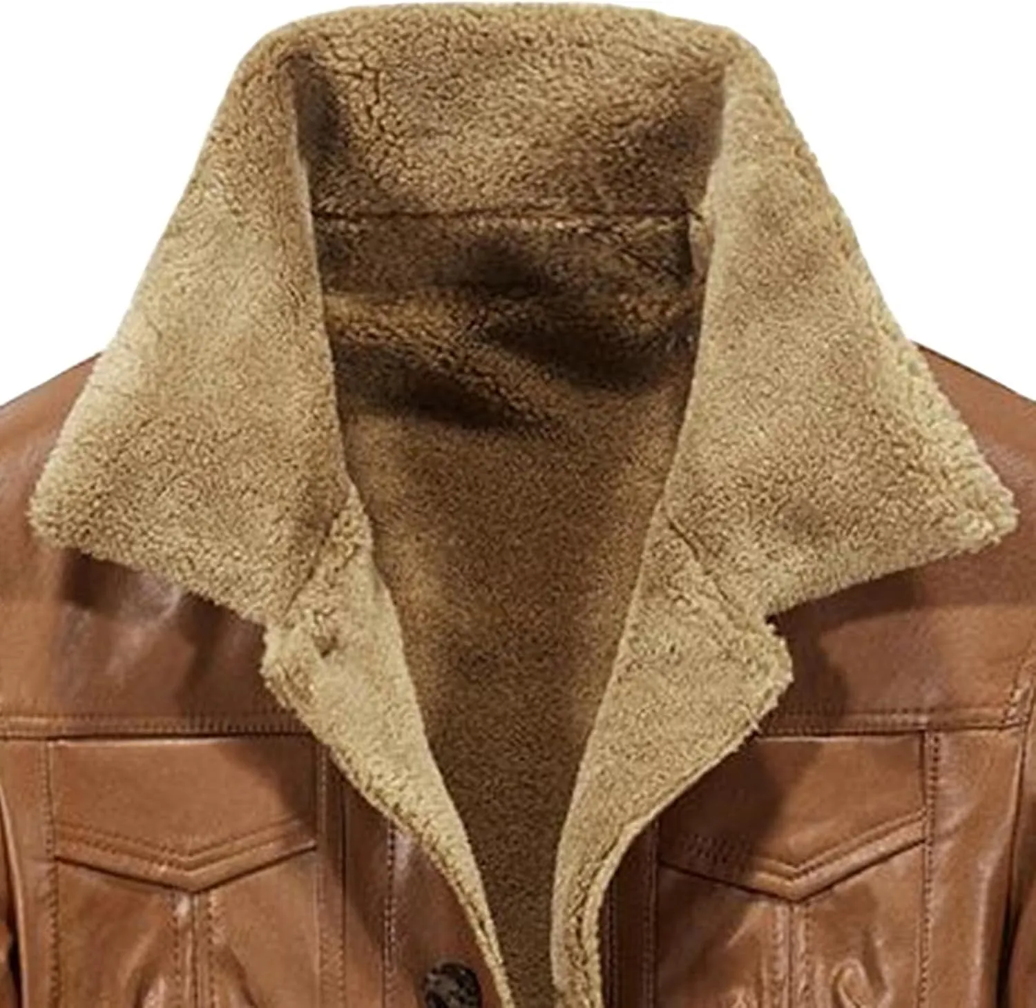 JEsilunmaMY Men's Single-Breasted Leather Sherpa Coat Fleece Lined Lapel Winter Biker Coat Warm Thicken Parka Bomber Jacket