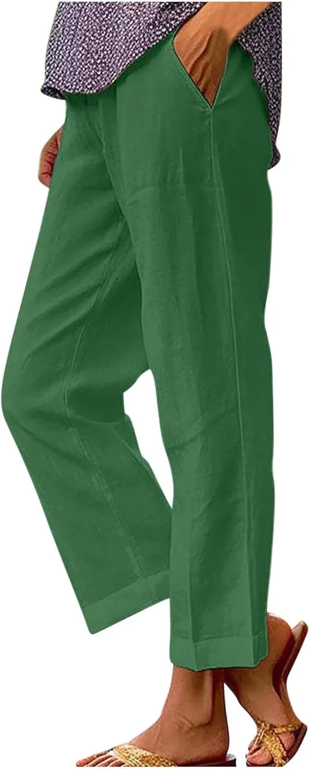 Linen Capri Pants for Women Summer High Waisted Wide Leg Lounge Pants Beach Vacation Trouser with Pockets 2025
