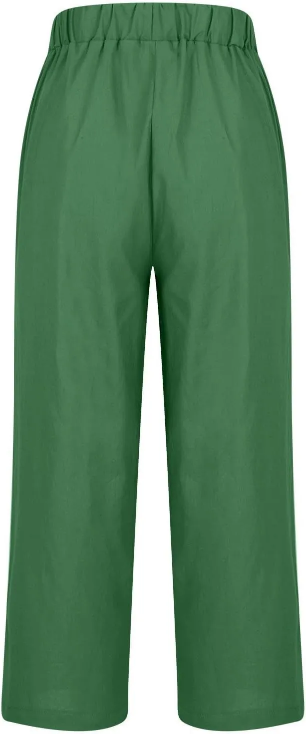 Linen Capri Pants for Women Summer High Waisted Wide Leg Lounge Pants Beach Vacation Trouser with Pockets 2025