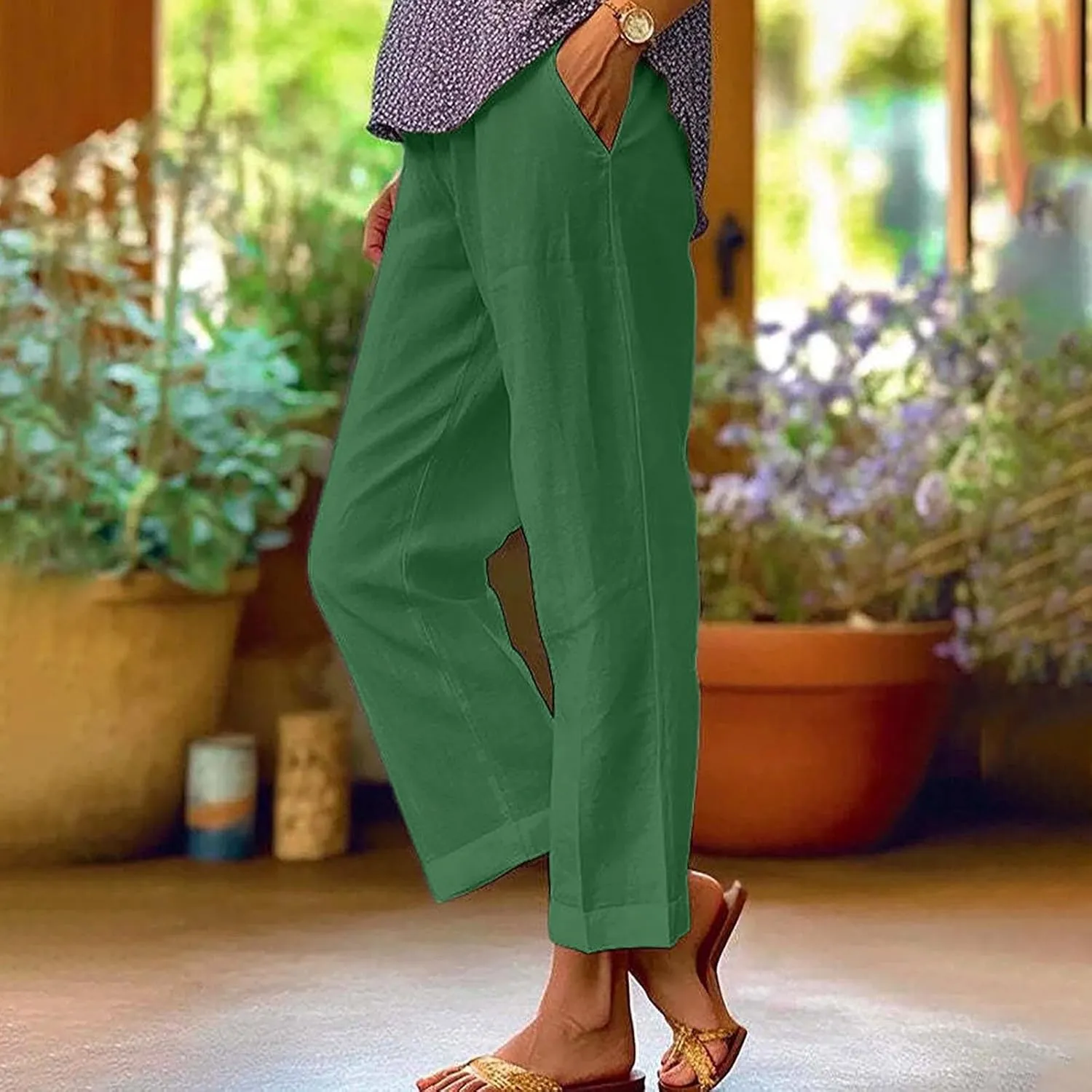 Linen Capri Pants for Women Summer High Waisted Wide Leg Lounge Pants Beach Vacation Trouser with Pockets 2025