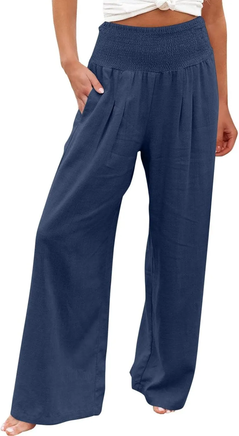 Linen Pants women Summer Casual High Waisted Cotton Linen Palazzo Pants Wide Leg Long Lounge Pant Trousers