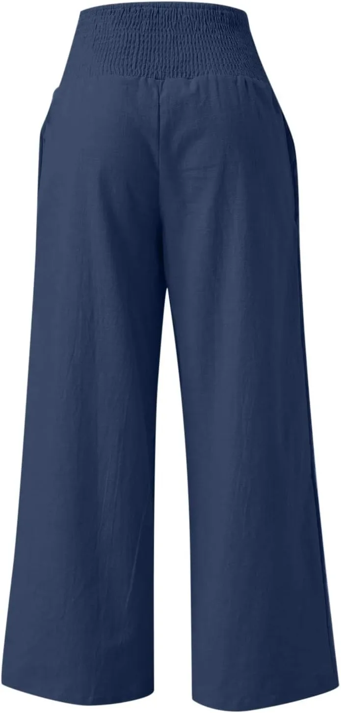 Linen Pants women Summer Casual High Waisted Cotton Linen Palazzo Pants Wide Leg Long Lounge Pant Trousers