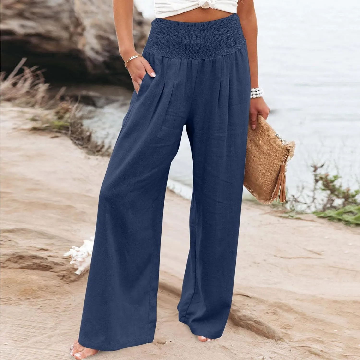 Linen Pants women Summer Casual High Waisted Cotton Linen Palazzo Pants Wide Leg Long Lounge Pant Trousers