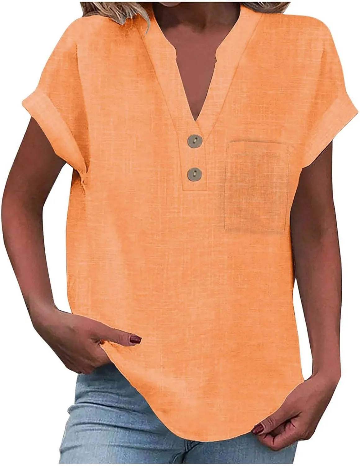 Linen Shirts for Women Trendy Casual Button Down Short Sleeve Cotton Shirts Loose Summer V Neck Business Work Collared Tops