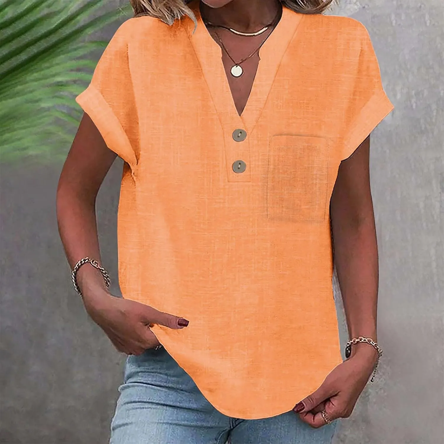 Linen Shirts for Women Trendy Casual Button Down Short Sleeve Cotton Shirts Loose Summer V Neck Business Work Collared Tops