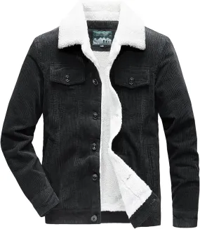 Men's Corduroy Jacket Winter Sherpa Fleece Trucker Jacket Fur Collar Warm Cowboy Coat