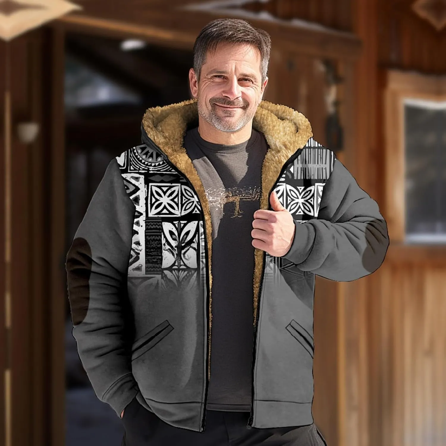 Mens Fleece Jacket Fuzzy Sherpa Jacket Western Aztec Print Vintage Sweatshirts Winter Warm Ethnic Casual Sweater Coat