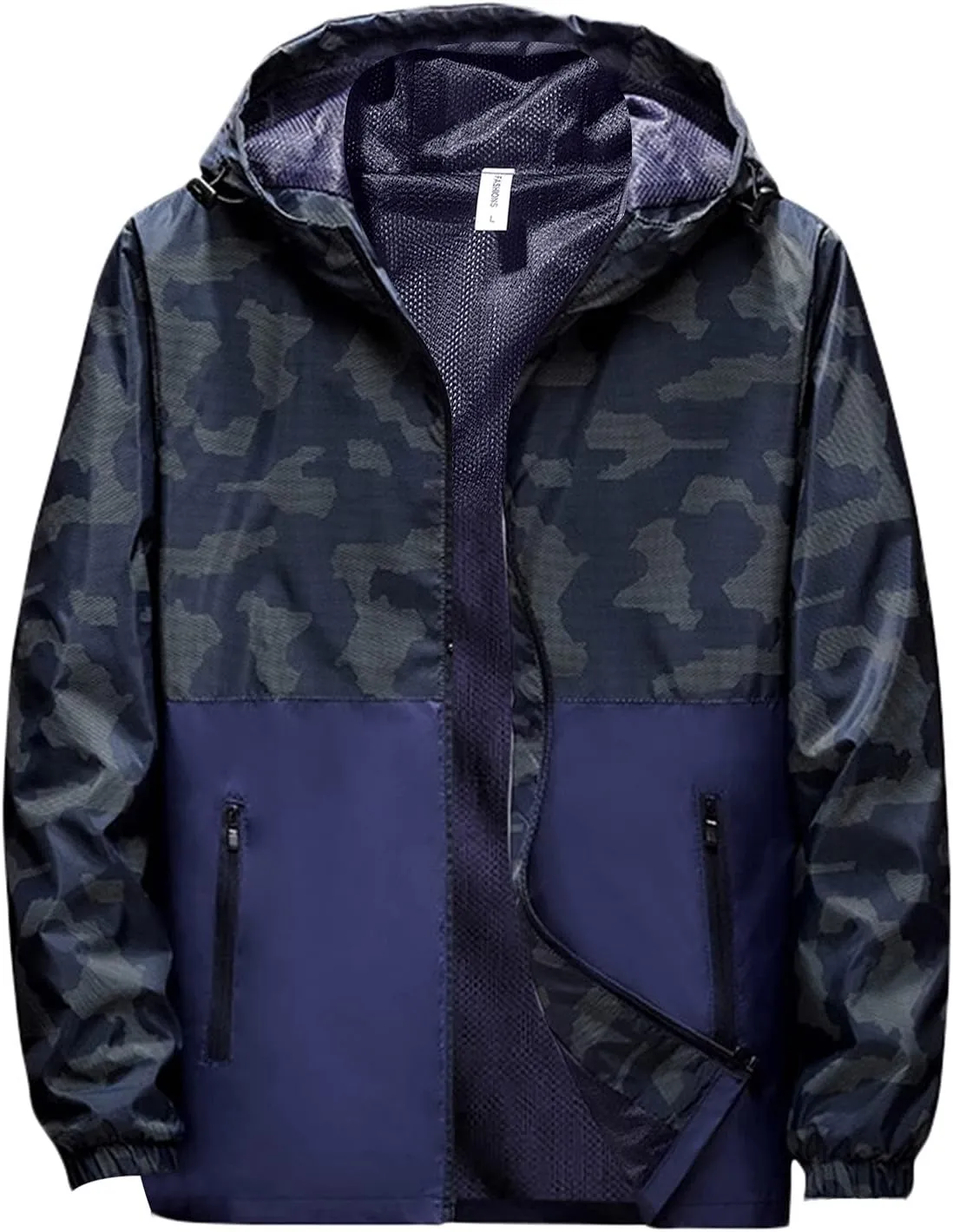 Men's Lightweight Jacket with Hooded Pockets Print Windproof Outdoor Coat Loose Breathable Hiking Top for Men