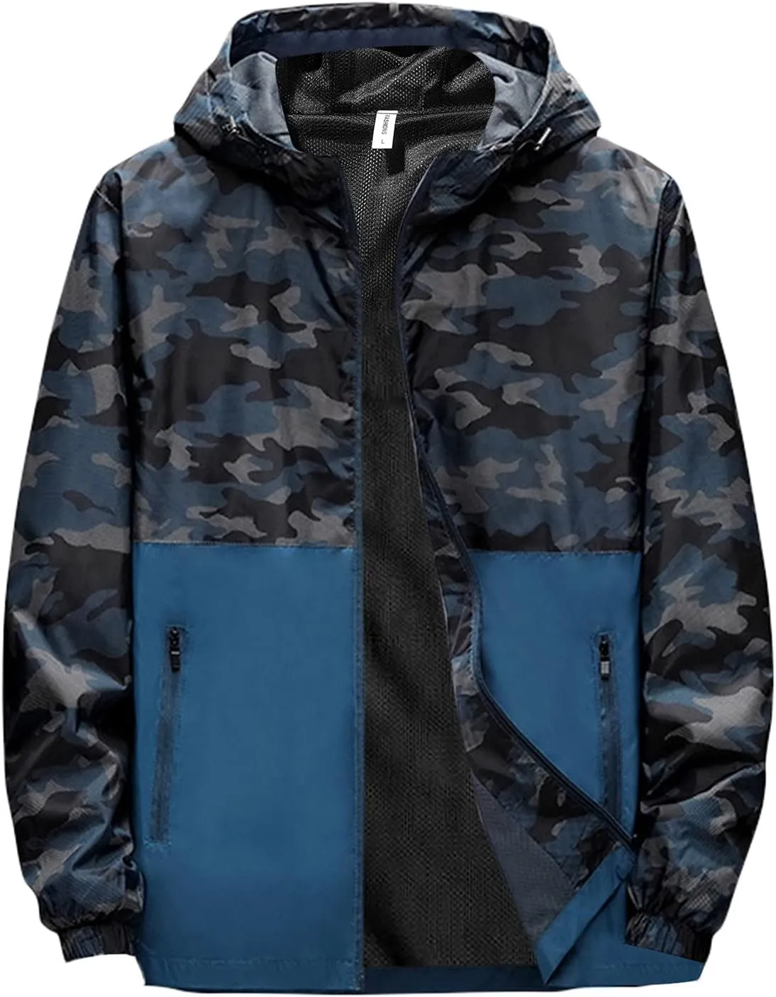 Men's Lightweight Jacket with Hooded Pockets Print Windproof Outdoor Coat Loose Breathable Hiking Top for Men