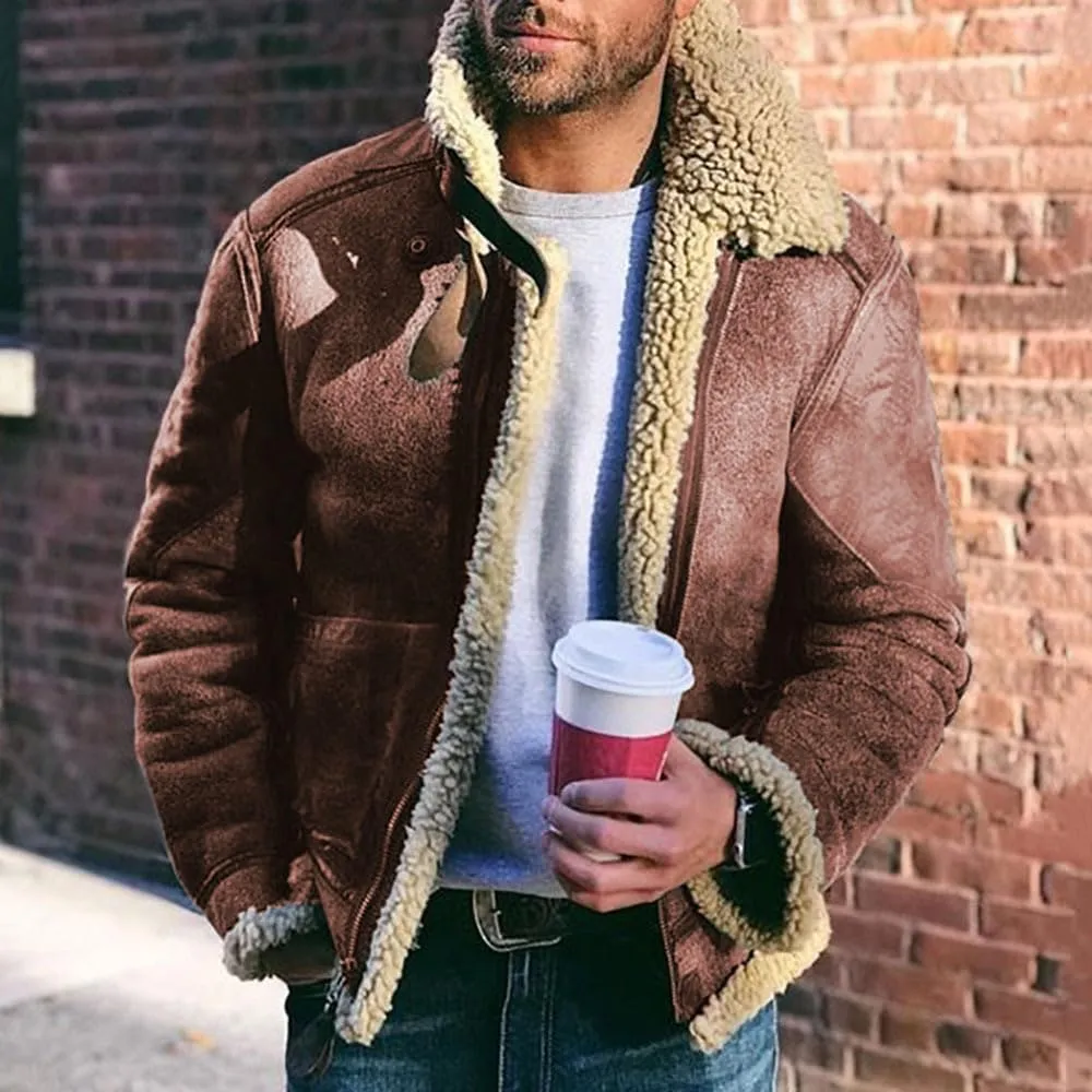 Mens Shearling Coat Sheepskin Leather Jackets Shearling Fur Lined Bomber Jacket Crop Warm Winter Trench Coat