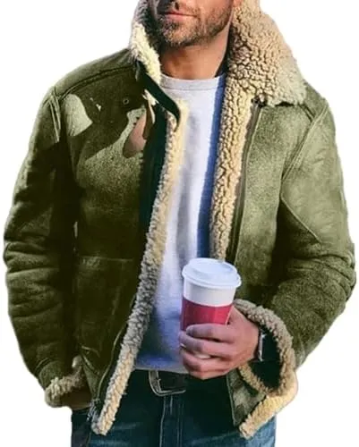 Mens Shearling Coat Sheepskin Leather Jackets Shearling Fur Lined Bomber Jacket Crop Warm Winter Trench Coat