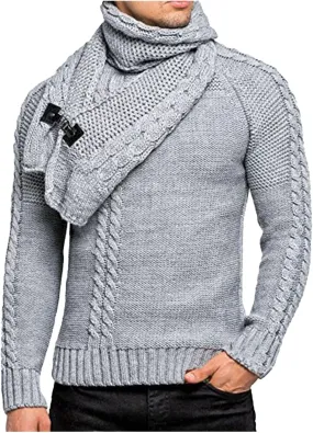 Mens Slim Fit Pullover Sweaters with Scarf Turtleneck Knit Sweater Warm Jumper Lightweight Long Sleeve Pullovers
