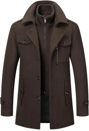 Mens Trench Coat Wool Blend Layered Collar Classic Stylish Business Overcoat Warm Winter Trench Pea Coats Lapel Plain
