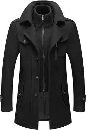 Mens Trench Coat Wool Blend Layered Collar Classic Stylish Business Overcoat Warm Winter Trench Pea Coats Lapel Plain