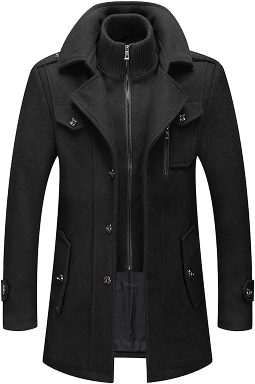 Mens Trench Coat Wool Blend Layered Collar Classic Stylish Business Overcoat Warm Winter Trench Pea Coats Lapel Plain