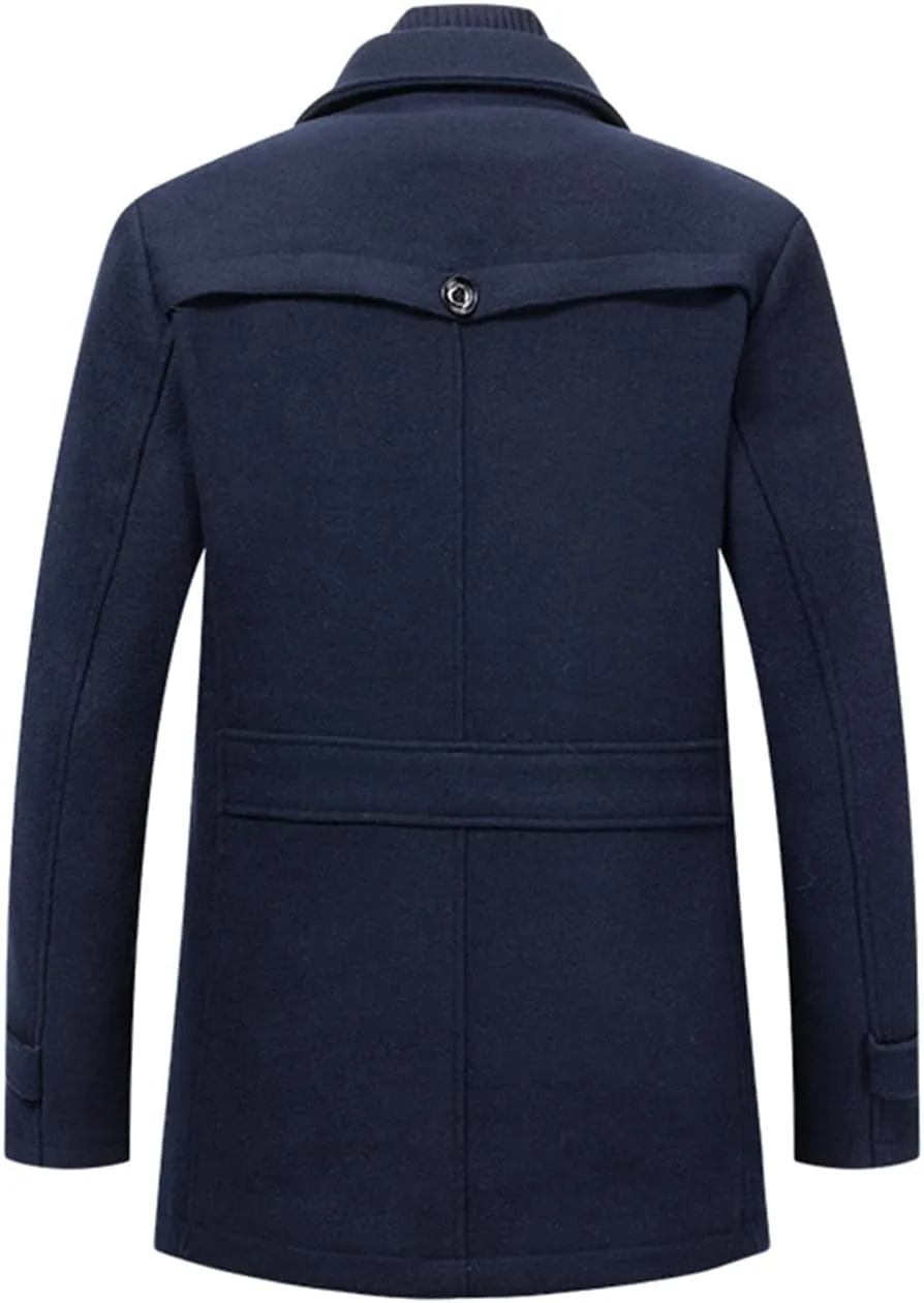 Mens Trench Coat Wool Blend Layered Collar Classic Stylish Business Overcoat Warm Winter Trench Pea Coats Lapel Plain