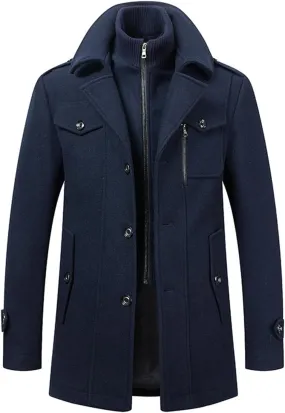 Mens Trench Coat Wool Blend Layered Collar Classic Stylish Business Overcoat Warm Winter Trench Pea Coats Lapel Plain