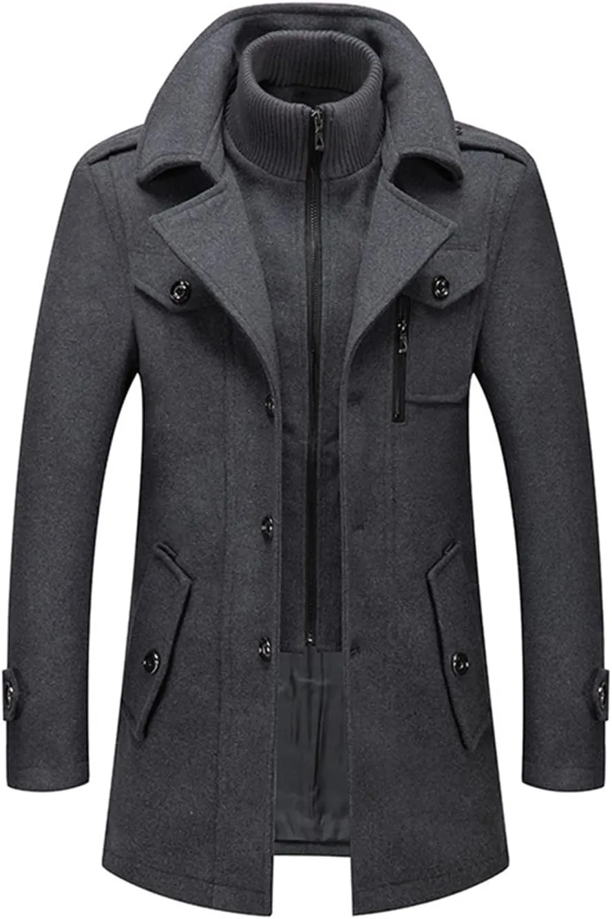 Mens Trench Coat Wool Blend Layered Collar Classic Stylish Business Overcoat Warm Winter Trench Pea Coats Lapel Plain