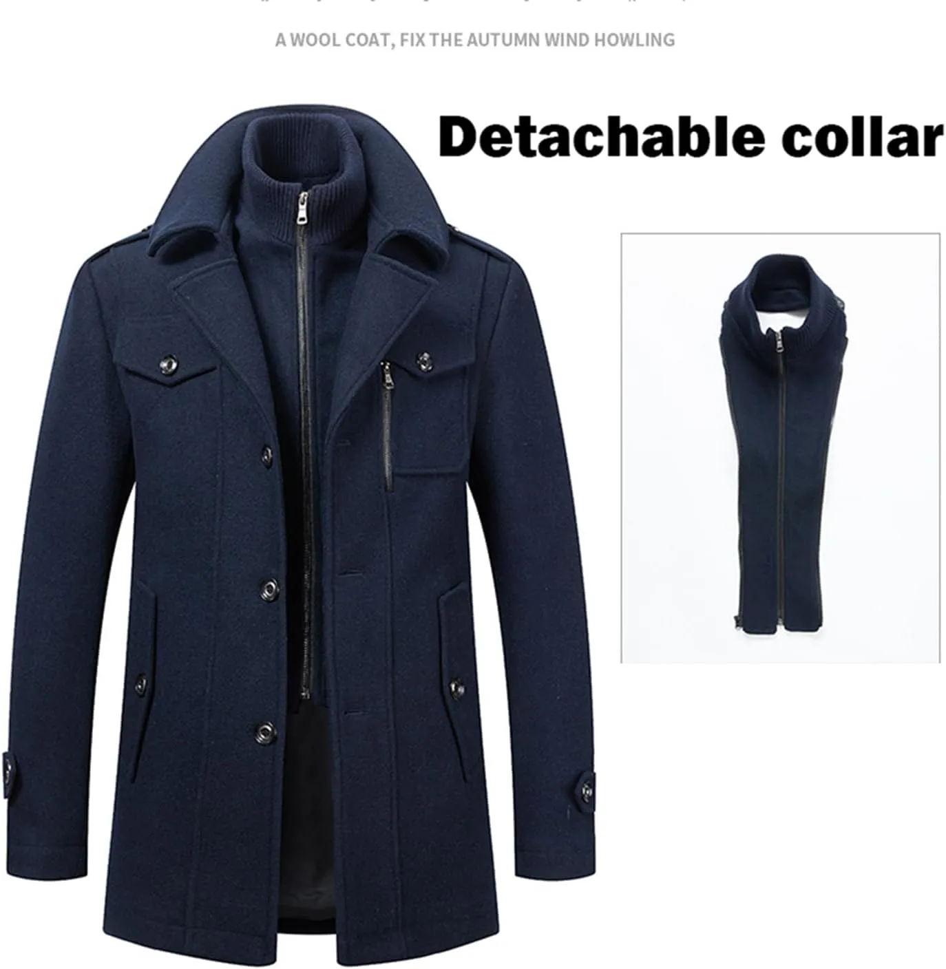 Mens Trench Coat Wool Blend Layered Collar Classic Stylish Business Overcoat Warm Winter Trench Pea Coats Lapel Plain