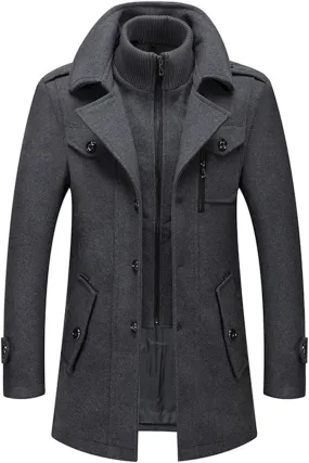 Mens Trench Coat Wool Blend Layered Collar Classic Stylish Business Overcoat Warm Winter Trench Pea Coats Lapel Plain