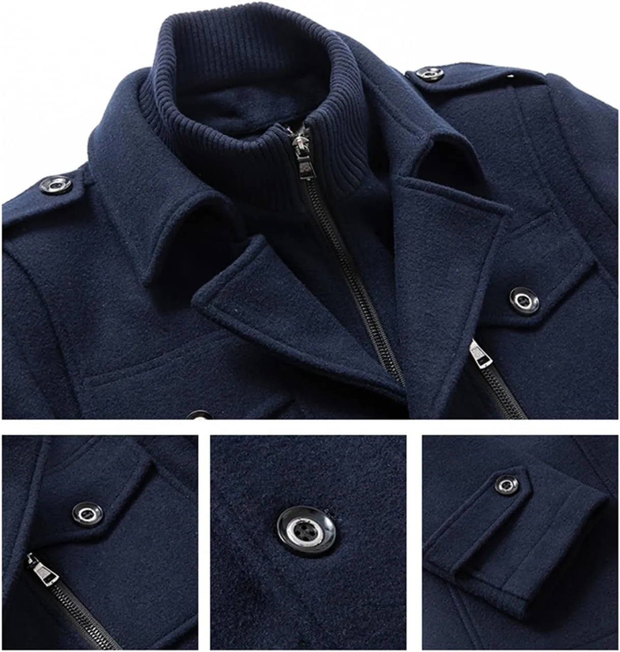 Mens Trench Coat Wool Blend Layered Collar Classic Stylish Business Overcoat Warm Winter Trench Pea Coats Lapel Plain