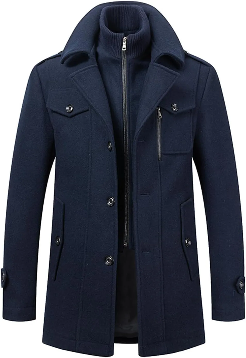 Mens Trench Coat Wool Blend Layered Collar Classic Stylish Business Overcoat Warm Winter Trench Pea Coats Lapel Plain