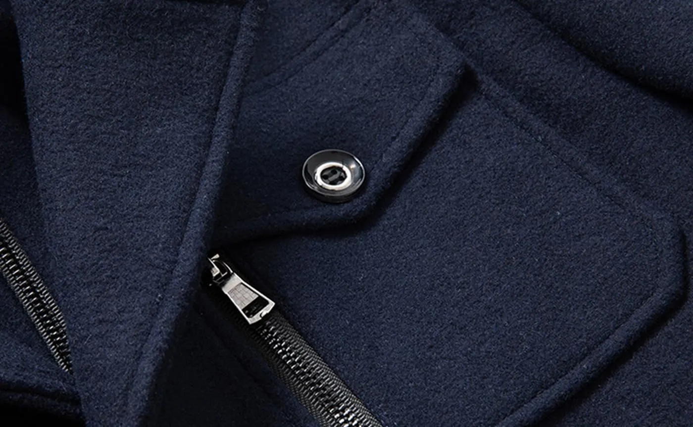 Mens Trench Coat Wool Blend Layered Collar Classic Stylish Business Overcoat Warm Winter Trench Pea Coats Lapel Plain
