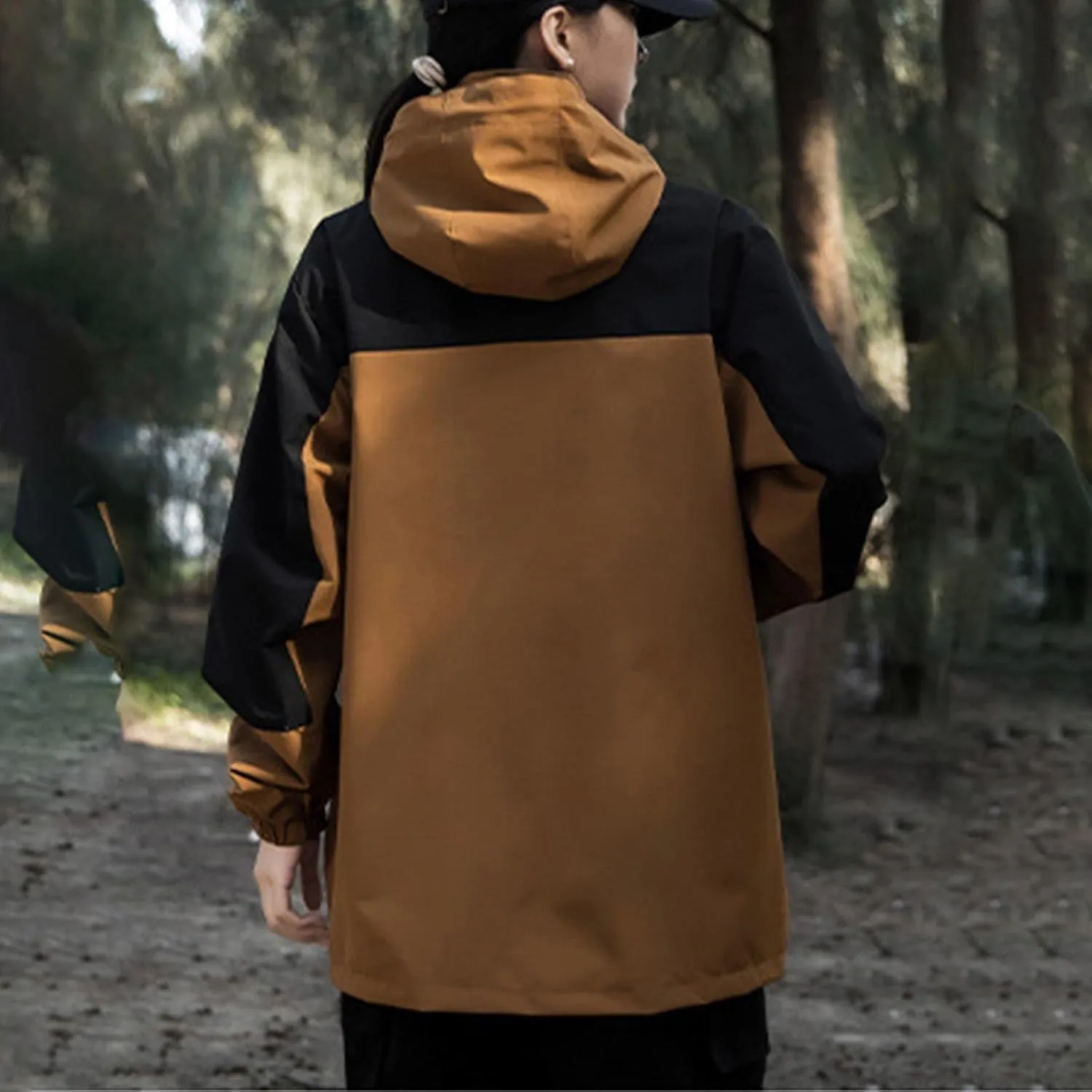 Mens Waterproof Rain Jacket Lightweight Breathable Solid Contrast Patchwork Windbreak Hooded Coat Outdoor Jacket