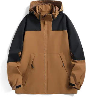 Mens Waterproof Rain Jacket Lightweight Breathable Solid Contrast Patchwork Windbreak Hooded Coat Outdoor Jacket
