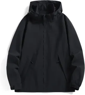 Mens Waterproof Rain Jacket Lightweight Breathable Solid Contrast Patchwork Windbreak Hooded Coat Outdoor Jacket