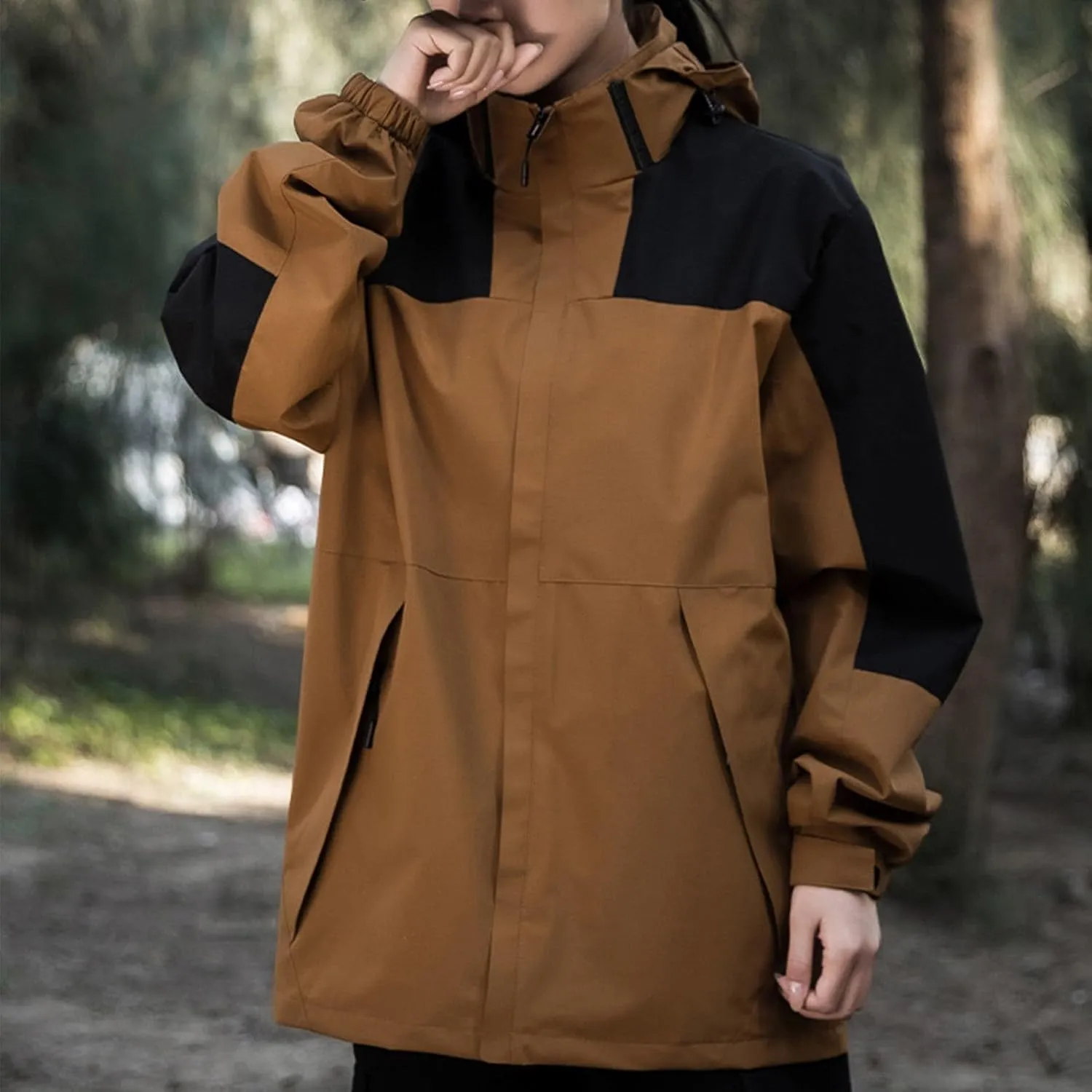 Mens Waterproof Rain Jacket Lightweight Breathable Solid Contrast Patchwork Windbreak Hooded Coat Outdoor Jacket